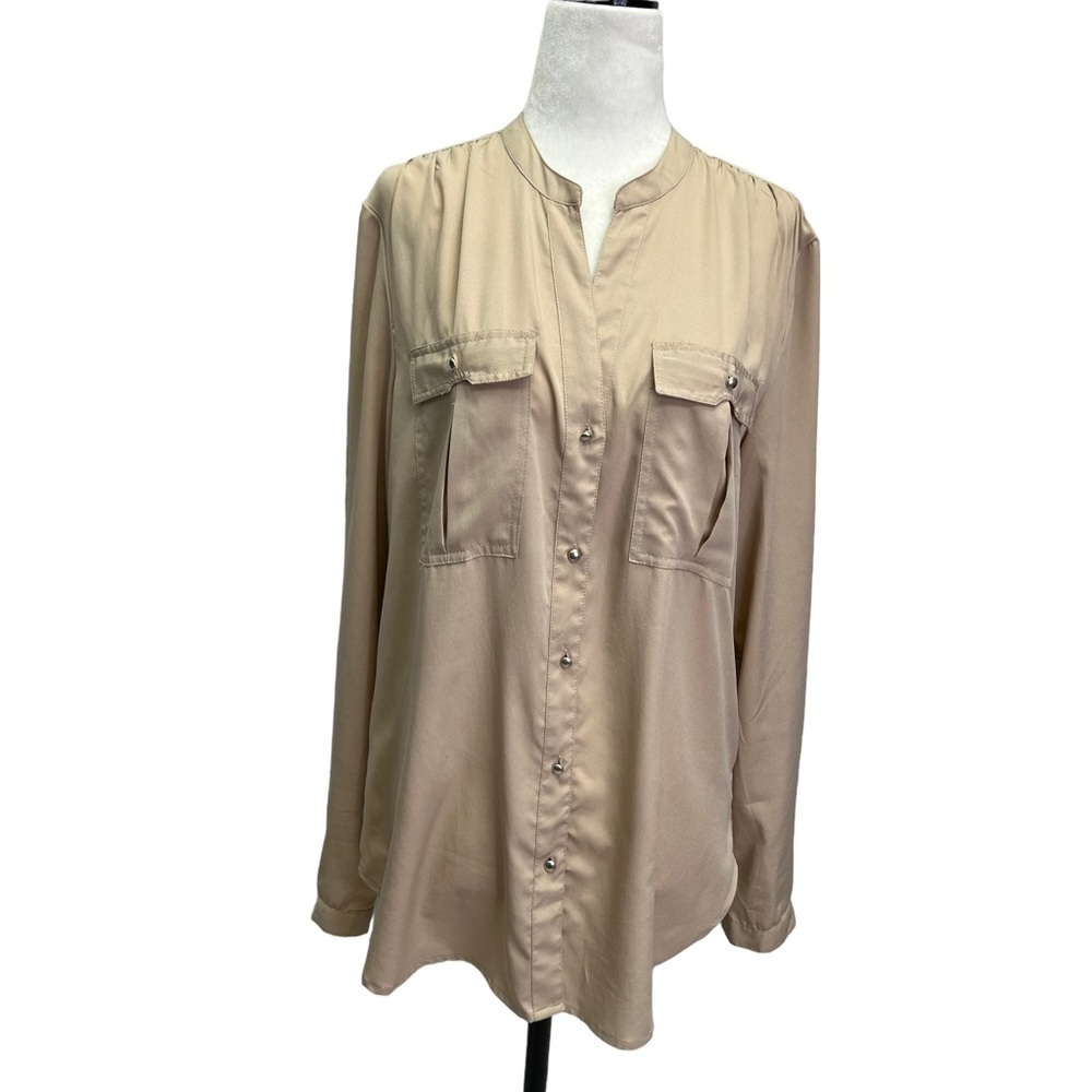 NINE West Beige Button Down Long Sleeve Shirt Top Size M